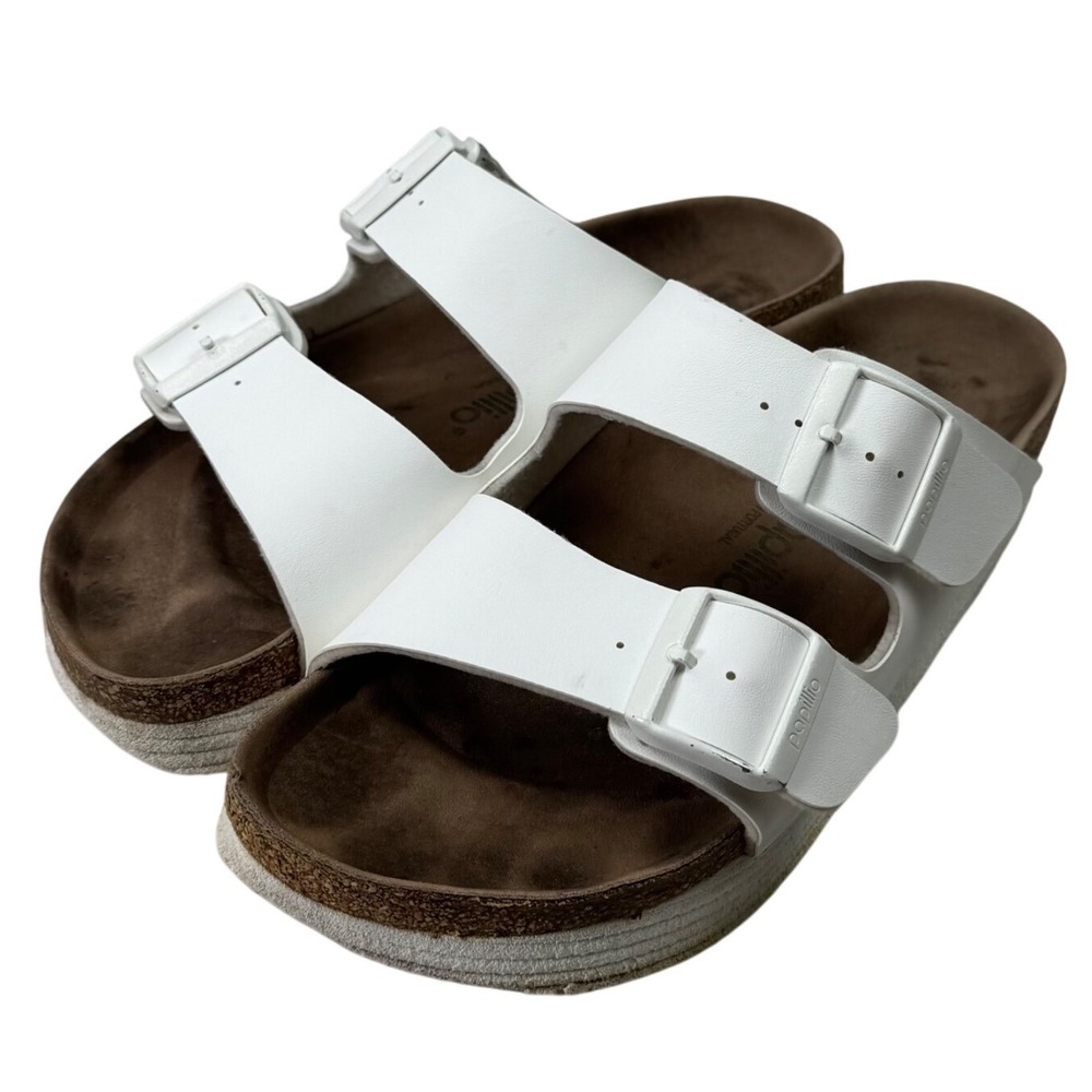 Papillio Birkenstock Arizona Platform Sandals Womens 38 7-7.5 White Vegan Slide